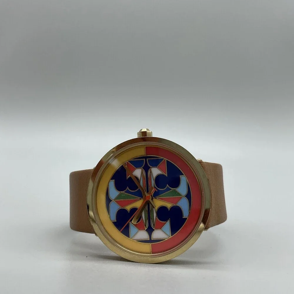 Tory Burch TBW4040 Womens Watch 36mm Multicolor Dial Gold Brown Leather New Batt